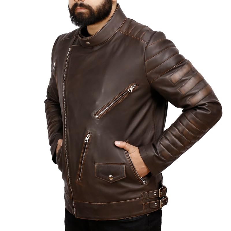 Men's Asymmetrical Real Lambskin Leather Motorcycle Jacket - Biker Leather Jacket For Mens - Brown/Black4