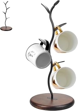 Mi hogar Leaf-Shaped Mug Tree Stand for Kitchen Counter, Modern Tabletop Organizer Holds 4 Mugs with Stable Round Base, Decorative Storage Rack for Coffee & Tea Cups