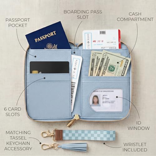Image of Stylish Passport Holder for Travel with Detachable Wristlet Strap, Blue, 6.4 x 4.6 x 0.7 inches, Modern | All-in-one Travel Wallet Organizer for Women - Secure Money Belt Alternative with Card Slots and Tassel Keychain