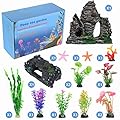 QZQ Aquarium Decorations Plastic Plants 14pack Fish Tank Plants Fish Tank Decorations Accessories Decor Set with Resinous Rockery Barrel Hideouts Coral Aquarium Plants and Resin Starfish and Other