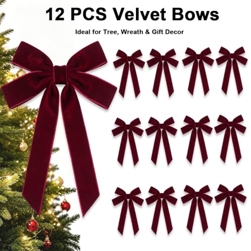Velvet Bows for Christmas Tree, Burgundy Christmas Ornaments, 12Pcs, 5x 8IN - image 5