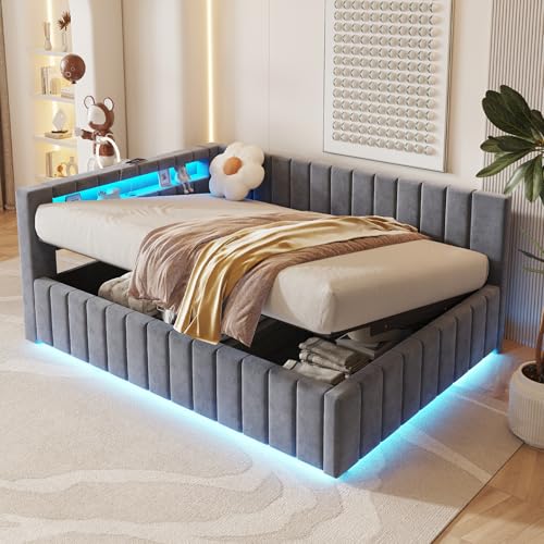 RIAZOS Polsterbett Schlafsofa 140x200, Doppelbett mit Hydraulischem Stauraum, mit LED-Licht und USB-Ladefunktion, Tagesbett Jugendbett mit Lattenrost, Samtstoff, ohne Matratze, Grau
