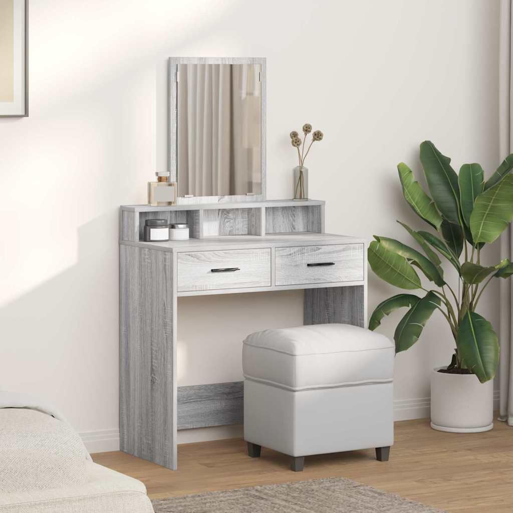 Tavolo da trucco grigio Sonoma in legno ingegnerizzato 79 x 41 x 140 cm con specchio piano e 2 cassetti, mobiletto consolle salvaspazio per camera da letto