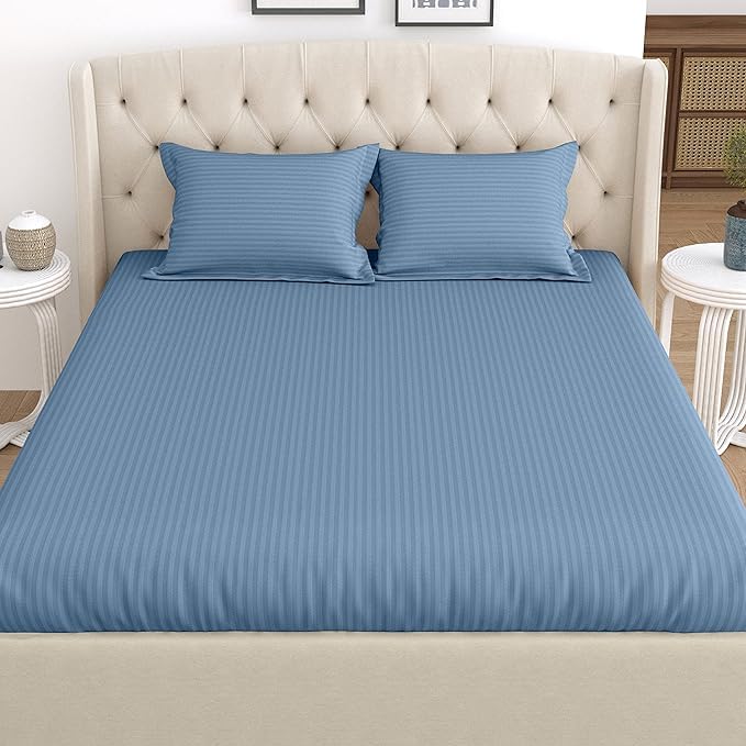 Image of DECOR2ADMIRE 300 TC Premium Glace Cotton All Round Elastic Fitted Plain Stripe Pastel Shades Queen Size Bedsheet with 2 Pillow Covers (Blue, Super King 108 inch x 108 inch)