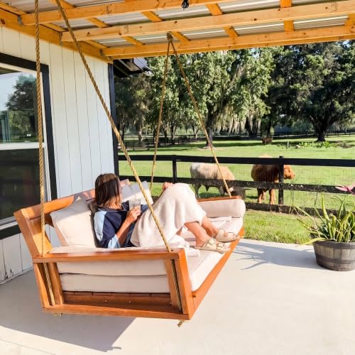 Image of Malvern Twin Wood Porch Swing Bed in Cedar Stain, Amish Handcrafted Daybed Style Swing