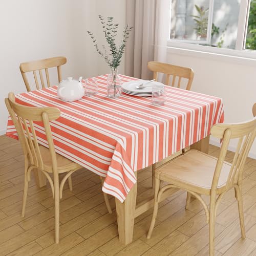 Image of Encasa XO Cotton Square Table Cloth for 4 Seater | (142x142 cm) | Franca Orange Stripes | Dining Tablecloth for Decoration