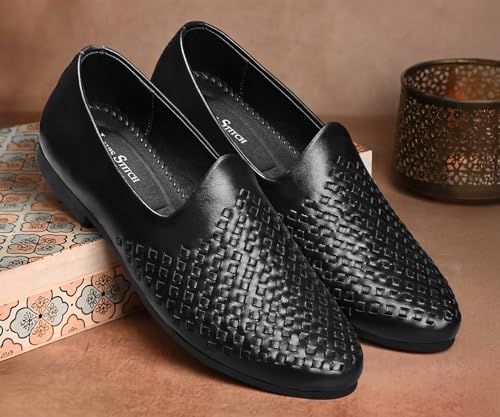 Image of LOUIS STITCH Men's Ethnic Weaved Textured Slip On Mojari's | Stylish Nagra Juti for Men | Lightweight and Comfortable Stylish Juti's and Mojari's for Kurta Pajama | LSAXNGWE