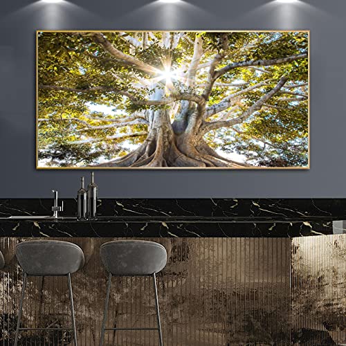 Impression d'art grand format arbre vert et paysage ensoleillé sur toile de prestige
