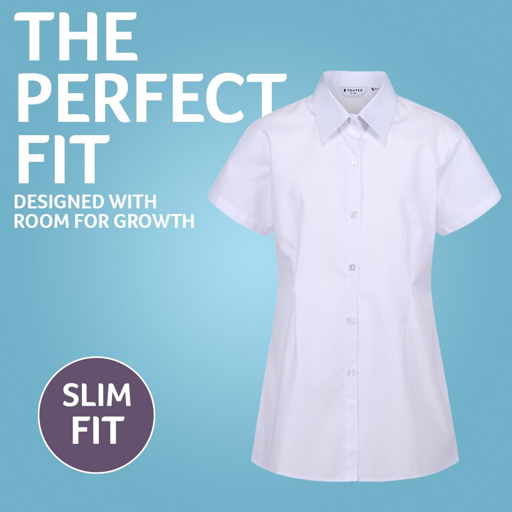 Trutex Basics 2 Pack Girls Short Sleeve School Shirts (3-16+ Years). Regular Fit Girls School Blouses, White Shirts for Girls, Easy Iron Girls White School Shirts - Genuine School Uniform