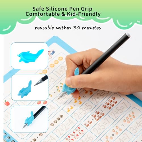 Magic Grooved Writing Practice Books for Kids with Disappearing Ink Pens Grips, Reusable Handwriting Workbooks 6 Pcs Writing Practice Books, Letter Tracing Copybook for Kindergarten Ages 3-8