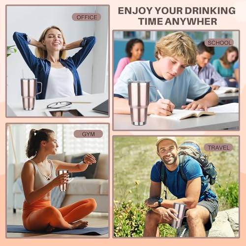 Image of 30 oz Tumbler with Handle, Stainless Steel Insulated Tumbler with Lid and Straw, Double Wall Vacuum Insulated Coffee Mug Tumbler, Insulated Coffee Thermal Cup for Cold and Hot (Rose gold)