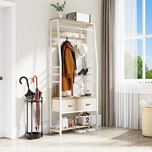 YITAHOME Garderobenregal mit Schuhschrank, freistehender Dielenbaum mit Bank und 2 klappbaren Schubladen, Industriegarderobe mit 8 Haken für Flur Wohnzimmer Schlafzimmer, Metallrahmen, Beige