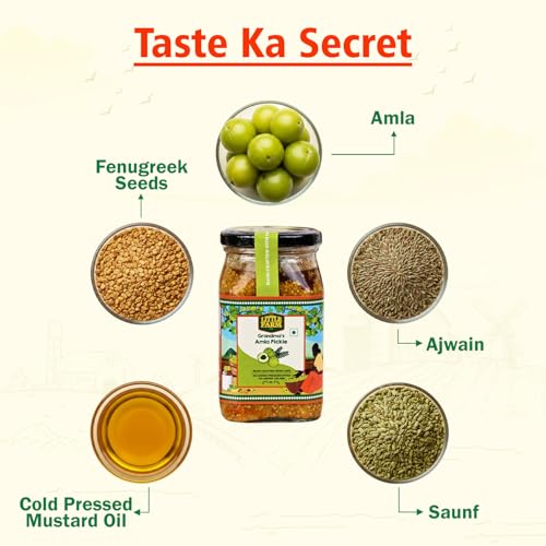 Image of THE LITTLE FARM CO Amla Pickle - Awla ka Achar | Less Oil Mustard Base Homemade Gooseberry Pickles with masala | No Added Preservatives, No Artificial Flavours | Traditional Recipe, 400g