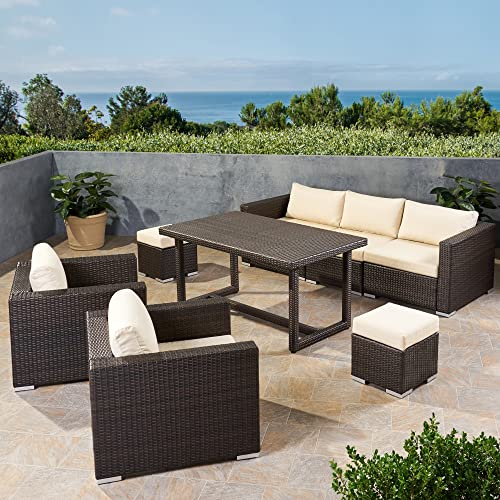 Image of DEVOKO 6-Piece Outdoor Patio Dining Sectional Sofa Set with Table & Chairs, All-Weather Wicker Conversation Set Ottoman for Backyard, Garden (Dark Brown & Cream)