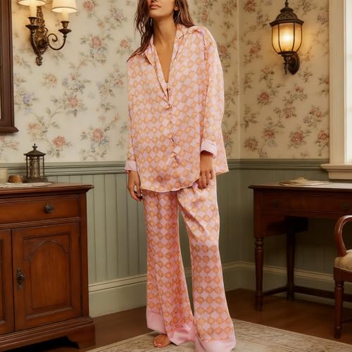 Image of Women Satin Pajama Set Floral Silk Pajamas 2 Piece Lounge Sets Button Down Shirts Wide Leg Pants Pjs Sleepwear