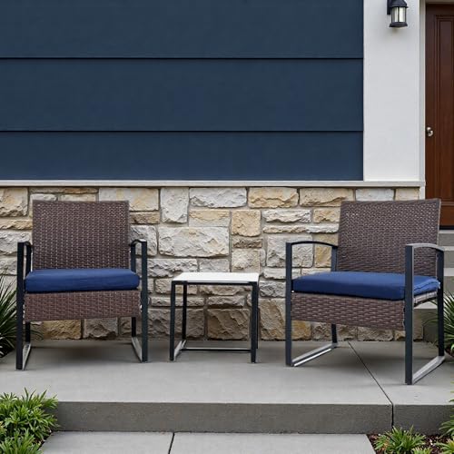 YMOOYANG 3 Piece Patio Set Outdoor Bistro Furniture Set with Coffee Table,Wicker Patio Chairs with Cushions for Balcony Apartment Deck