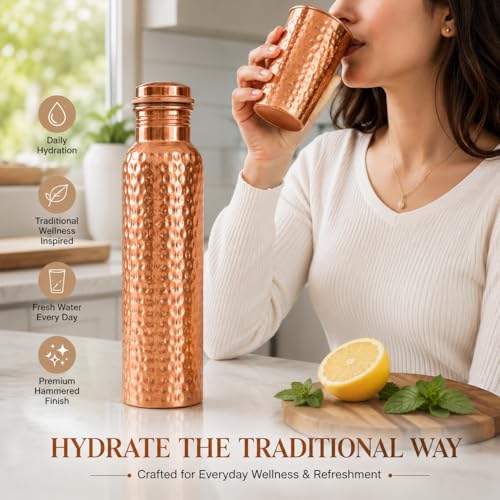 Image of 100% Pure Copper Water bottle 32 Oz with Cleaning brush,Hammered design | Drink More Water, Lower Your Sugar Intake And Enjoy the Health Benefits Immediately(1Brush +1Bottle+ 1 Glass)