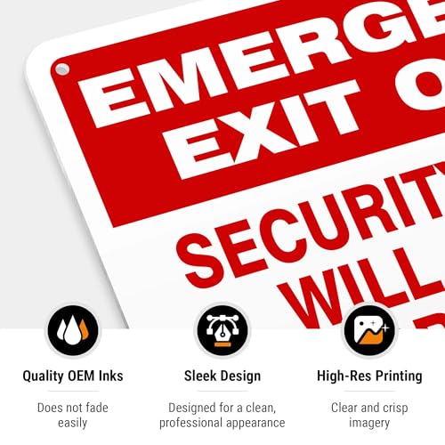 Emergency Exit Only Sign, Security Alarm Will Sound If Door Opened Sign, 10x7 Inches, Rust Free .040 Aluminum, Fade Resistant, Made in USA