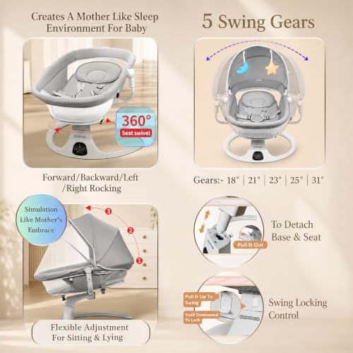 Image of Electric Baby Swing Rocker for Newborn Baby | Automatic Cradle with 5-Speed Swing, Bluetooth Music, USB Support, Remote Control, Touch Panel, 360 Rotating Seat, Mosquito Net - Grey