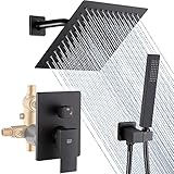 POP SANITARYWARE All Metal Pressure Balance Shower Faucet Set Matte Black 8 Inch Rain Shower Head System with Handheld Spray (Include Shower Valve)