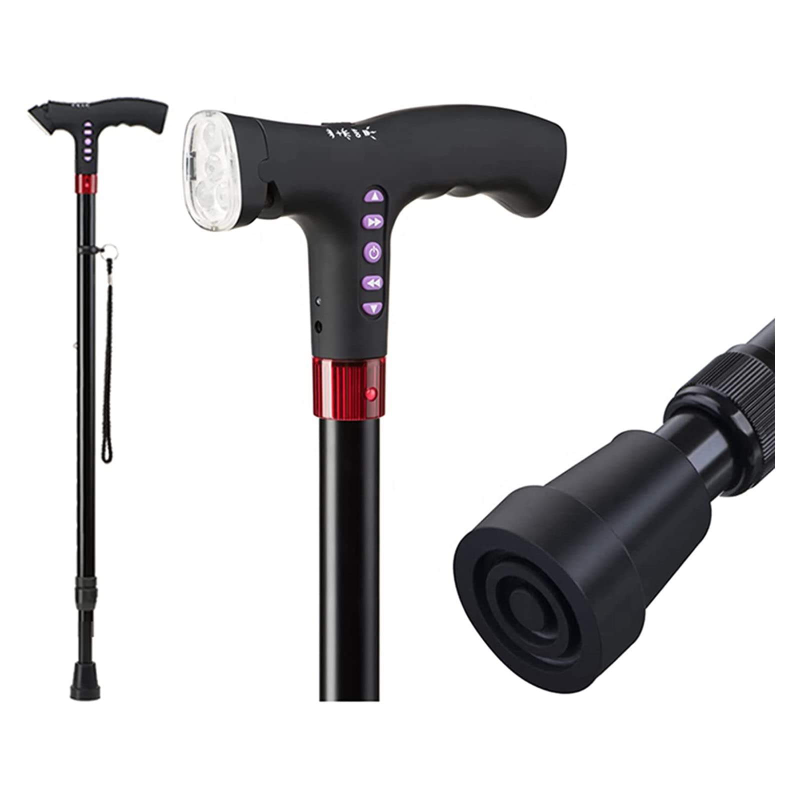 NA Bastón para Caminar con luz LED Ajustable con Alarma Ajuste de Altura Bastón para Caminar, Negro