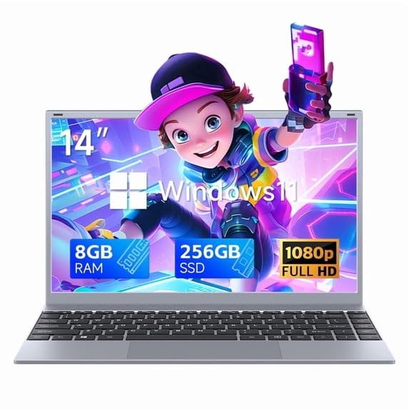 ZARSU 14" FHD Business Laptop, Quad-Core 2.6GHz, 8GB RAM 256GB SSD, Off2026, WiFi5 BT5.0, Silver for Student & Office