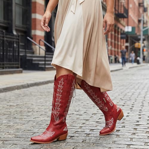 Image of Uillnoodu Wide Calf Cowboy Boots Women Adjustable Lace Up Knee High Tall Plus Size Cowgirl Boots Western Style Comfortable 2-Inch Heel