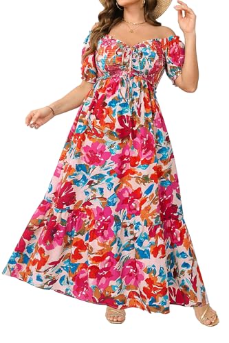 Image of Plus Size Sun Dresses Women - Summer Off the Shoulder Puff Sleeve A Line Boho Maxi Flow Long Dress 2025