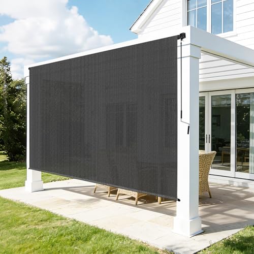 Zephyr Place Outdoor Roller Shades for Patio, 8' W x 8' H Cordless Patio Shades Roll Up Outdoor Blinds with Splicing Design, 90% UV Protection for Porch Gazebo Pergola, 2 Poles & 1 Fabric, Gray