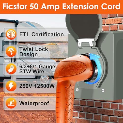 image for Ficstar 50 Amp Generator Cord 15 ft, Heavy Duty 6/3+8/1 STW AWG 50 Amp