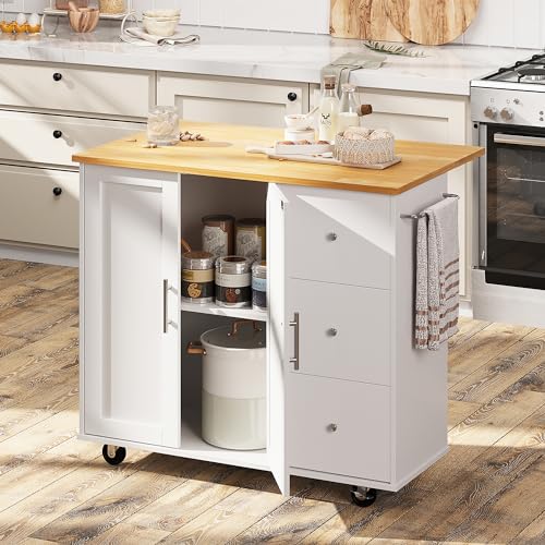 Shintenchi-Rolling-Kitchen-Island-Cart-with-Folding-Drop-Leaf-Breakfast-Bar-Portable-Trolley-Island-with-Large-Storage-Cabinet-Shelf-and-Drawer-White Shintenchi Rolling Kitchen Island Cart with Folding Drop Leaf Breakfast Bar Portable Trolley Island with Large Storage Cabinet Shelf and Drawer White