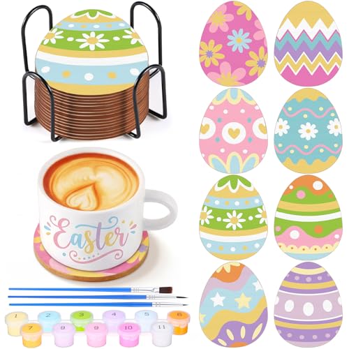 Product Image of the Reallnaive 8 Pcs Easter Eggs Paint by Numbers Kit for Adults Cute Coasters with Holder Spring Mini Paint by Numbers Kits Round Oil Painting Drink Coaster for Small DIY Craft Birthday Gift