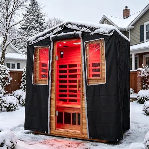 Image of 3-Person Outdoor Sauna Protective Cover, Waterproof 3-Layer Oxford Cloth Cover | Hook & Loop Roll-Up Door, Heat & Dust Protection, Compatible with Hillside Roof Sauna Max 81.1*45*83.5 Inch
