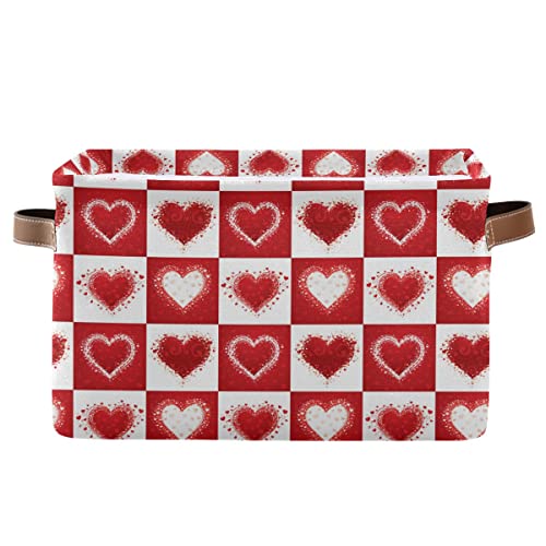 Image of Happy Valentine's Day Love Heart Storage Basket Fabric Laundry Baskets Red White Buffalo Plaid Storage Boxes Organizer Bag for Baby Cloth Dog Toy Book Storage Cubes Shelf Closet Bins 16x12x8 Inches