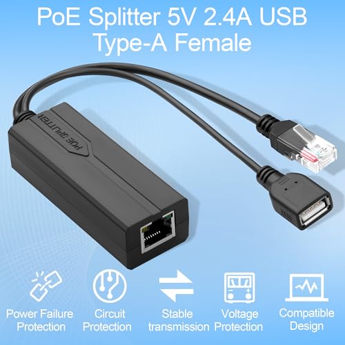 PoE Splitter 5V 2.4A USB Tipo-A Hembra IEEE 802.3af/at Activo Compatible con Cámaras de Seguridad/ Teléfonos VoIP, 10/100Mbps miniatura 5