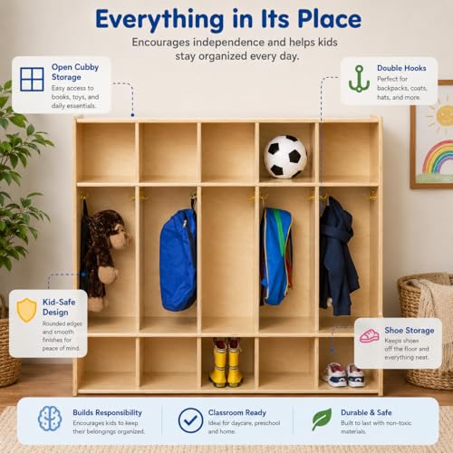 Image of Contender 5-Section Coat Locker with Bench & Cubby Storage for Kids, Backpack Organizer with Cubbies Storage for Daycare, Preschool, Kindergarten [Natural]