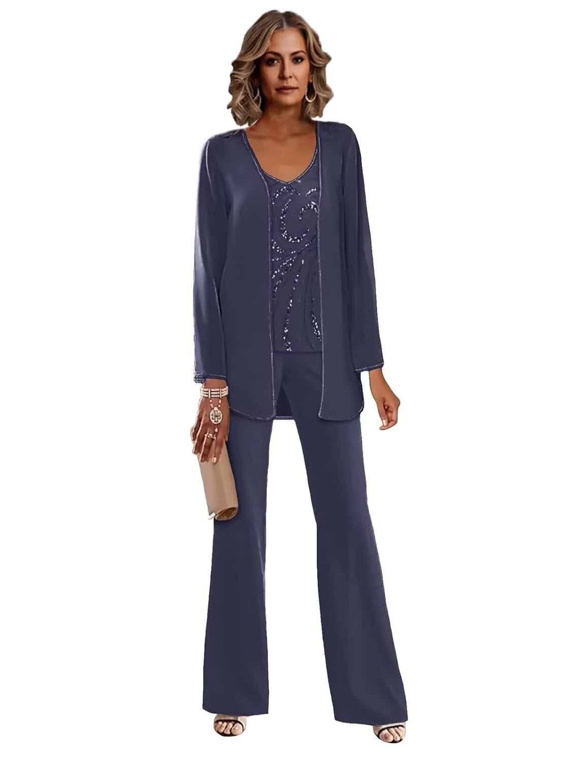 3 Piece Mother of The Bride Pantsuits for Wedding Chiffon Lace Sequins Formal Evening Party with Jacket