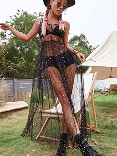 GRAEEN Black See Through Dress Sheer Mesh Rave Outfits Long Dresses for Women (Large, A1-Black) - Image 3