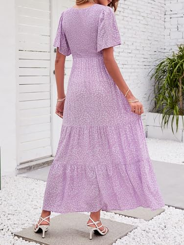Image of ZESICA Women's 2026 Summer Boho Floral Maxi Dresses Casual Short Flutter Sleeve Smocked Tiered Flowy Dress