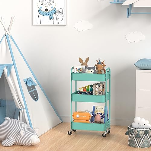 Image of MAX Houser 3-Tier Rolling Utility Cart with Caster Wheels,Easy Assembly, for Kitchen, Bathroom (Turquoise) | Easy Assembly, multi-purpose storage trolley for kitchen, rolling cart with smooth caster wheels for bathroom