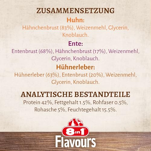 8in1 Flavours Skewer Bites Fleisch-Snacks - proteinreiche Hunde-Leckerlis mit Hähnchebrust, Entenbrust oder Hühnerleber, 100 g Beutel