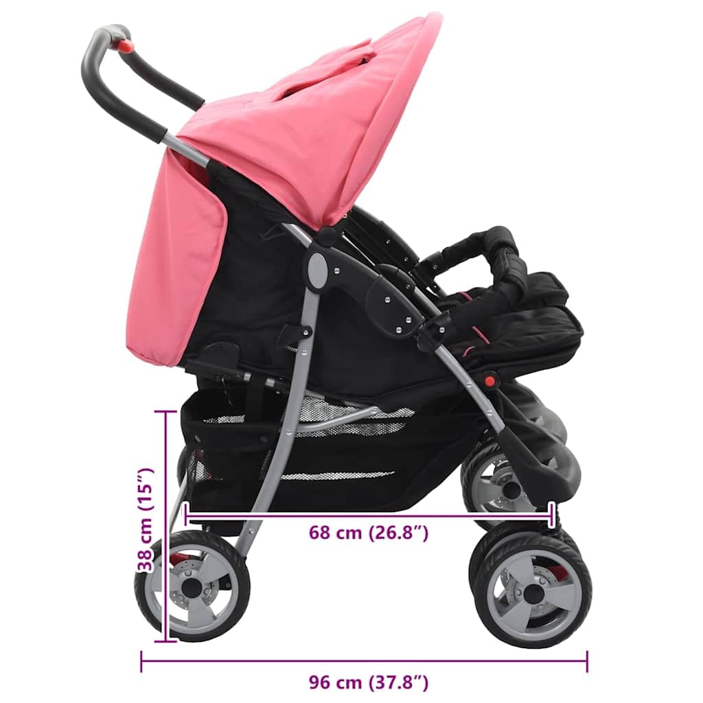 Carrito gemelar rosa y negro de acero con capota plegable, 80 x 96 x 104 cm, para niños pequeños de hasta 15 kg, ligero y compacto, para exteriores y viajes
