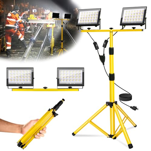 120W Tripod Stand LED Work Light, Twin 60W Floodlight, Flexible Portable Job Site Light, 11000LM Outdoor Worklight with Telescopic Stand for Workshop, Garage, Construction, Basement, 6000K