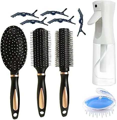 ABWXN Hair Brush Set with Massage Oval Comb,Detangling Cushion Bristle Brush,Round Hair Brush,Hair Spray Bottle,Scalp Massager Brush and 5 Hair Clips for Women Men Wet Dry Hair Styling