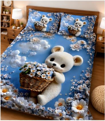 7D Design Double Bedsheet | Cute Teddy Bear Floral Printed King Size Bedsheet with 2 Pillow Covers | Premium Soft Microfiber Luxury Bedding Set-image-41