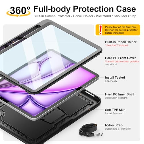 SEYMAC stock Case for iPad Air 11 Inch M3/M2 (2025/2024), Full Body Shockproof Cover with Screen Protector, Foldable Stand & Shoulder Strap for iPad Air 11 Case, Black - Image 4