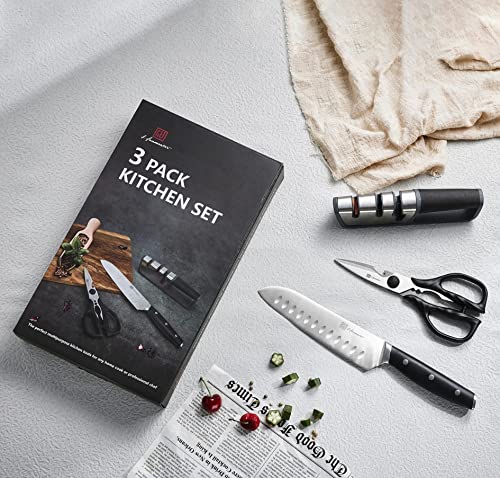 Hanmaster Knife Sharpeners, Kitchen Scissors，Santoku Knife, 3 Pack Kitchen Knife Set For Home And Restaurants, Gift Box Packed. #TOP6
