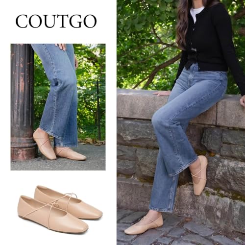Image of Coutgo Womens Square Toe Ballet Flats Comfortable Slip On Mary Jane Flats Crisscross Strap Work Casual Shoes