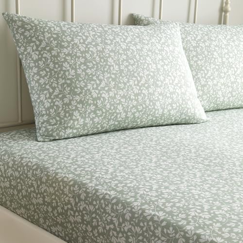 Dreams & Drapes - Drap-Housse Vert Sauge à Motif Floral (190 x 140 x 28 cm) - Drap de lit de Luxe en Polycoton - Housse de Couette Assortie Disponible - Drap de lit...