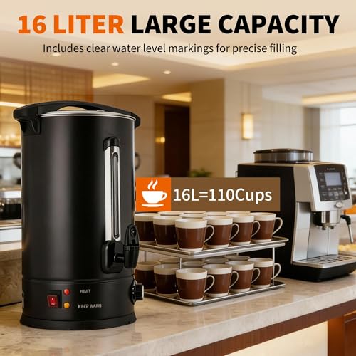 Image of 16 L /110 Cups Coffee Urn, Commerical Coffee Maker Hot Water Urn, Large Percolator Pot Dispenser With Double-Wall Stainless Steel, Quick Brew, Stays Hot for Tea & Beverage at Events & Catering(Black)